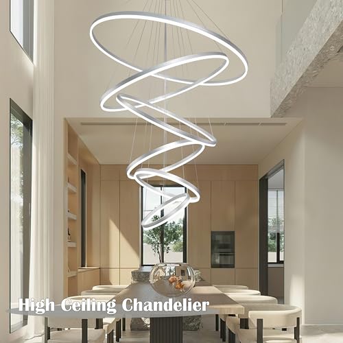 6 Rings Pendant Lights 47.2'' Modern Height Adjustable Chandeliers Sliver Led Chandelier Dimmable Sliver Chandelier Led Pendant Light for Dining Room Bedroom Living Room