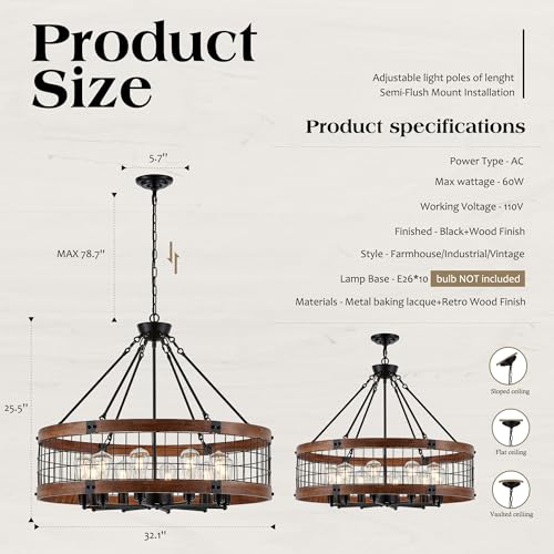 10 Light Farmhouse Drum Wood Pendant Light