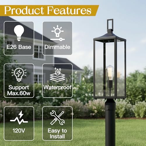 25.6” Hardwired Outdoor Post Lamp for Residential Sidewalk Lamp Post Outdoor Lighting for Exterior Gate Post Pier Mount Lights Large Size Steel and Glass 25.6inch Exterior Pillar Lantern