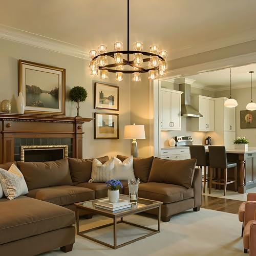 24 Inch Black Wagon Wheel Chandelier with Crystal Shades