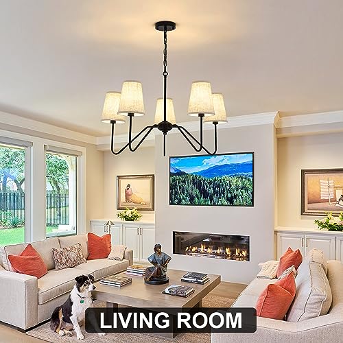 5 Arm Black Chandelier for Dining Room with Linen Fabric Shade