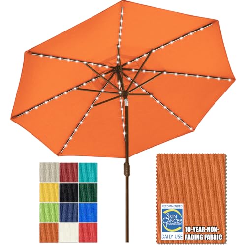 USA 10-Year-Non-Fading 9ft Market Patio Umbrella, Commercial Grade Table Sun Umbrella with 80 Solar LED Lights, Crank Open, Windproof & UPF 50+ UV Protection for Garden, Deck, Pool, Backyard, Rust
