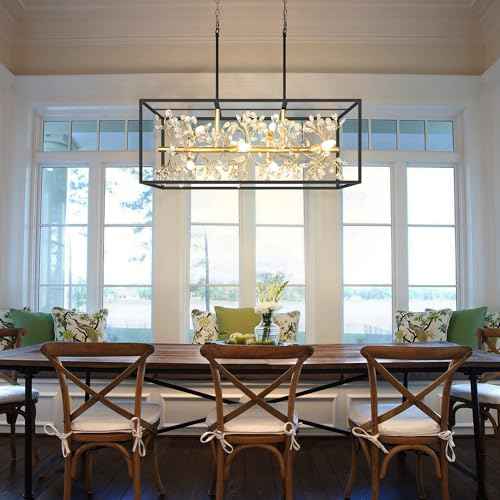 Large Black and Gold Rectangle Chandelier, 8-Light Modern Farmhouse Dining Room Light Fixtures Over Table, Crystal Chandeliers for Kitchen Island Pool Table Room