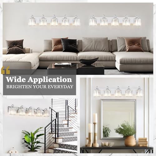5 Light Modern Bathroom Light Fixture Chrome Vanity Lights Over Mirror Wall Sconce Lighting with K9 Crystal Shades Bathroom Wall Lamp E26 Base for Bedroom