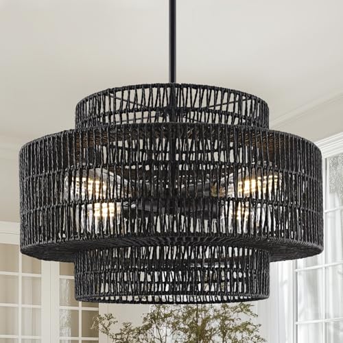 17.7" Black Rattan Chandelier for Dining Room