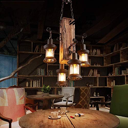 Wood Retro Pendant Lighting Industrial Vintage Chandelier Black Metal Bedroom Restaurant Suspension Lamp Cage Frame with Glass Shade House Loft Bar Coffee Decoration Ceiling Lights Fitting