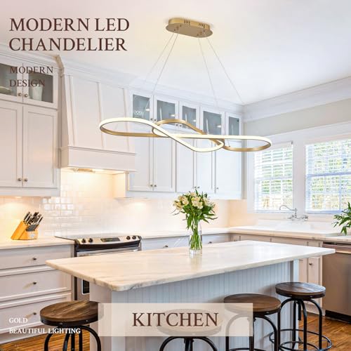 Modern LED Chandelier Gold Dimmable LED Pendant Light for Dining Room Light Fixture Over Table Modern Kitchen Island Lighting High Ceiling with Remote for Living Room