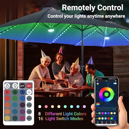 15 Ft Umbrella Outdoor Patio Solar Lights with Base