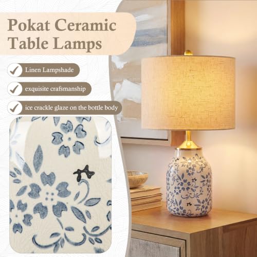 1 Pcs 21" Chinoiserie Blue Ceramic Lamp with Beige Linen Shade