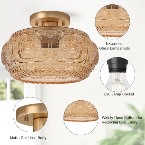 12" Mid Century Glass Semi Flush Mount Ceiling Light Fixture Amber