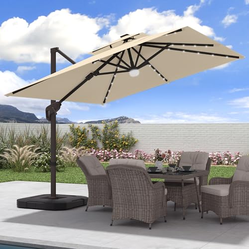 9x9 FT Cantilever Offset Patio Umbrella with Lights & Base