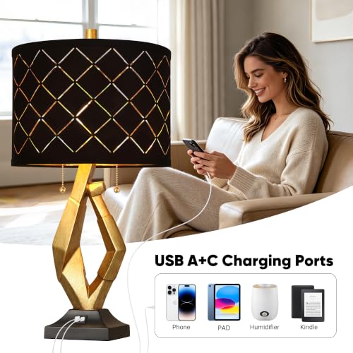 Modern Black and Gold Table Lamps Set of 2 with Dual Pull Chains Switch (2 Count)
