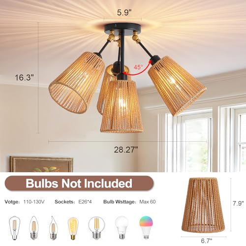 4 Light Rattan Boho Ceiling Light Adjustable Arms Farmhouse Fixture (1 Pack 4-Light)
