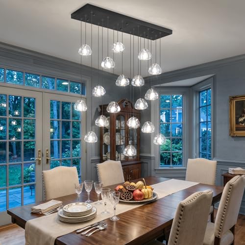 W35 x D11.8 x H118 Rectangular Chandelier Bubble Crystal Balls Glam Chandeliers Dimmable Light High Ceiling Pendants Light Fixtures Adjustable Long Lights Black