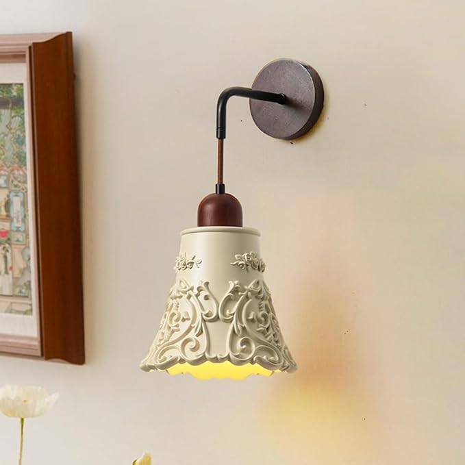 Modern Resin Wall Sconce Lighting Nordic Solid Wood Wall Lamp Wabi Sabi Cream Yellow Home Decor Lighting Fixture Cream Yellow Floral Finish, Japanese Style Walnut Wood Art Wall Sconces