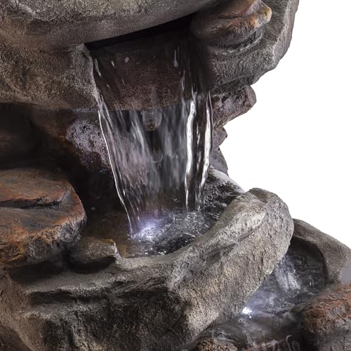 40" 4 Tier Rock Floor Fountain with Cascading Water & White LED Lights