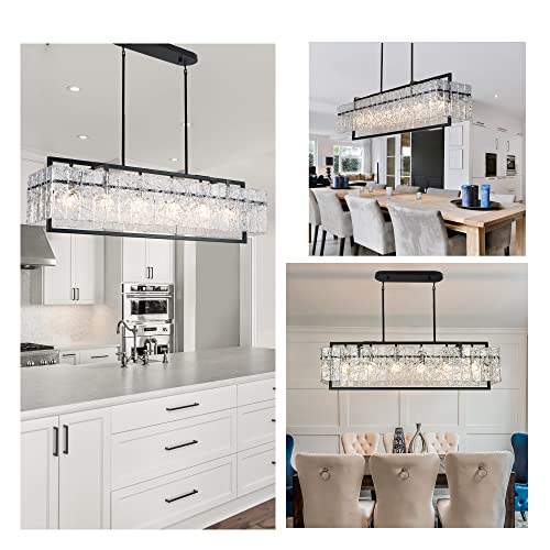 Modern Rectangle Black Crystal Chandeliers for Dining Room