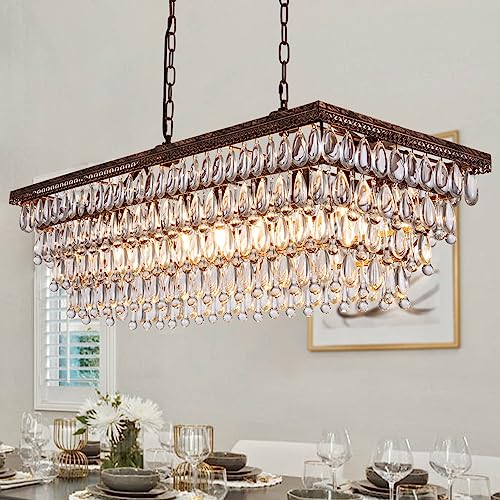 Dining Room Crystal Chandelier 40 Inch Antique Bronze Rectangle Chandeliers 7 Lights Farmhouse Hanging Ceiling Large Light Fixtures for Kitchen Island