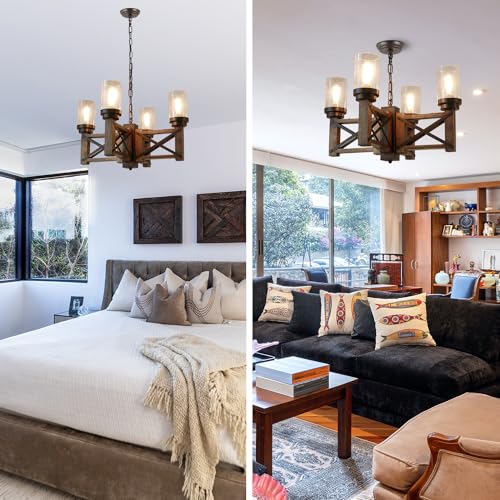 Wood Farmhouse Rustic Chandelier 4 Lights with Glass Shades
