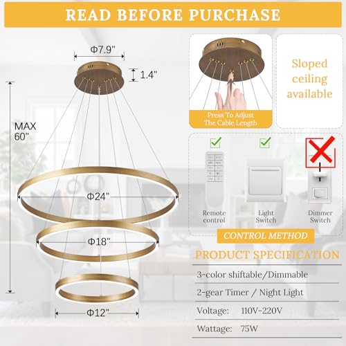 LED 3 Ring Chandelier Gold Brass Dimmable Modern Pendant Light