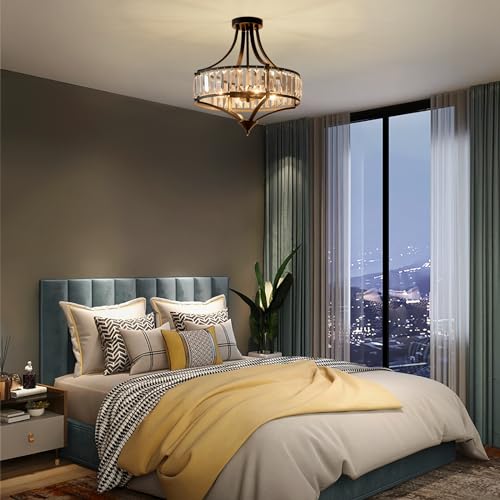 Black Crystal Chandelier Semi Flush Mount Ceiling Light Fixture Round Rustic Farmhouse 4