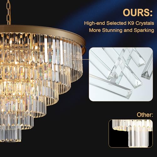 Modern Gold Crystal Chandelier 35”Large Chandeliers for High Ceiling Foyer