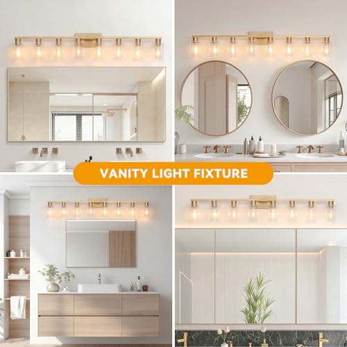 8 Light Bathroom Vanity Light Gold Bathroom Light Fixtures Brass Vanity Lights for Bathrrom 46 in Large Wall Sconce Brush Gold with Clear Glass Shade for Over Mirror