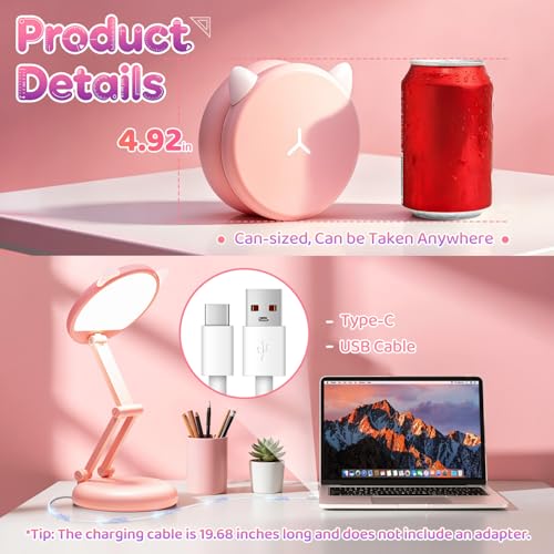 Cute Desk Lamp Pink Dorm Lamps for College Girls Foldable Portable Rechargeable Dimmable Cute Cat Lamp Kawaii Room Decor
