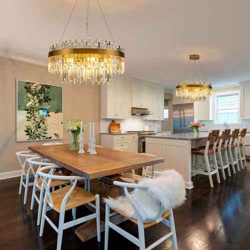 23.6" Brushed Gold Round Crystal Chandelier Dining Room Living Room
