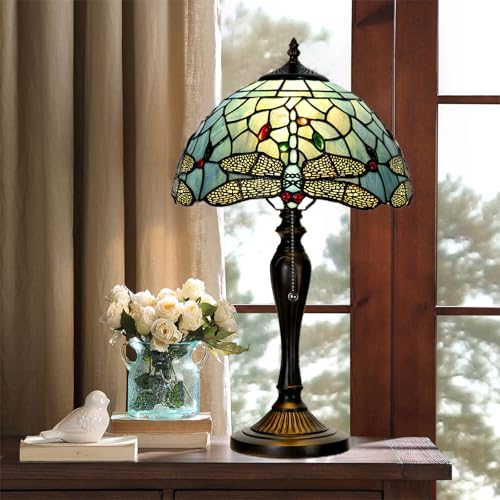 TL0023 Tiffany Style Dragonfly Table Lamp Stained Glass Blue Shade Reading Desk Light 12 X 20 Inches for Bedroom Living Room Home Office
