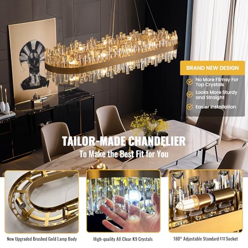 Modern Rectangular Gold Crystal Chandelier for Dining Room L52''
