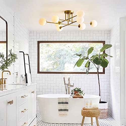 8 Light Globe Flush Mount Ceiling Light Milk Glass Ball Sputnik Chandelier Mid Century Brushed Gold Semi Flush Mount Ceiling Light Fixture Living Room Ceiling Lamp