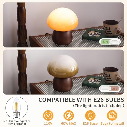 Wooden Base Small Table Lamp for Bedroom 60W Mushroom Table Lamps Gradient Colored Glass Shade Modern Side Table and Desk Lighting H 8.07 in