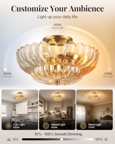 Semi Flush Mount Ceiling Light Fixture 14" Vinatge Gold Ceiling Lights Amber Mid Century Modern Glass Close to Ceiling Lighting Fixtures for Bedroom Hallway Kitchen Laundry Room Bathroom