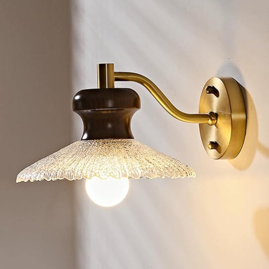 Modern Brass Wall Sconce Imitation Ice Crack Glass Wall Light Fixture Wabi Sabi Walnut Wood Wall Lamp, Japanese-Style Ash Wood Art Decor Lighting Fixture Elegant Brushed Brass Sconces