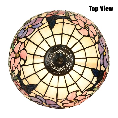 TL0001 Tiffany Table Lamp Handmade Stained Glass Flowers Butterfly Design Lampshade Reading Desk Light 12X21.5 Inches for Bedroom Living Room Home Office