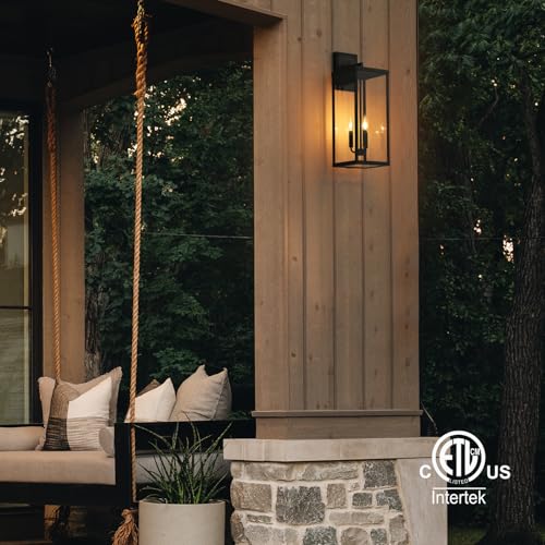 24" Classic Outdoor Wall Sconce 3 Lights in Matte Black Rectangular Metal Frame and Clear Glass Shade Waterproof Porch Light Patio Light Pack of 2 (2 Count)