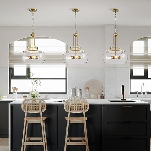 Chandelier Rustic Farmhouse Industrial Round Ceiling Pendant LED Light Fixture Clear Seeded Glass Shade for Dining Room Kitchen Island Foyer Entryway
