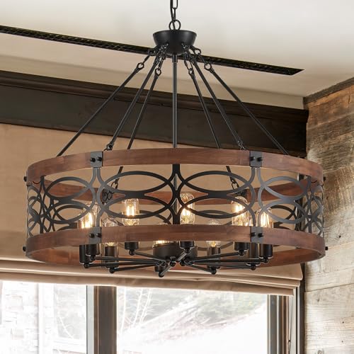 10 Light Farmhouse Drum Wood Pendant Light