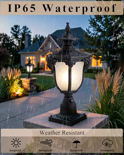 22" Black Dusk to Dawn Outdoor Post Light Fixture Vintage Large Waterproof Exterior Pole Lamp Fixture Mount Posts Lantern Head with Frosted Glass for House Garden Patio Pathway Yard Garage