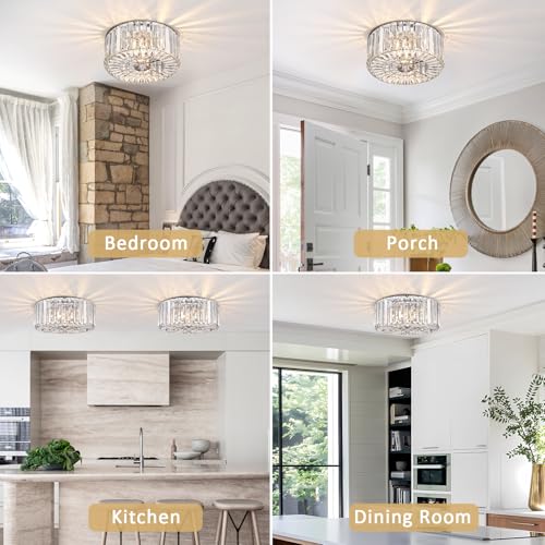 11.87 Inch Round Chrome Crystal Flush Mount Ceiling Light Fixture