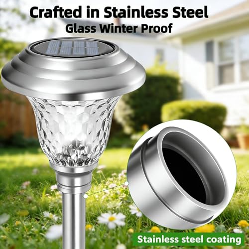 8 Pack Solar Pathway Lights White+ Color Changing Stainless Steel 3 Mode Outdoor Multicolor Metal Solar Powered Waterproof Glass for Garden Landscape Path Yard Walkway Driveway Silver