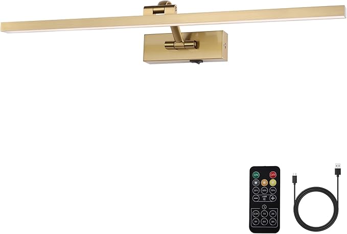 Wireless Picture Lights for Wall Battery Operated, Brass Art Lighting for Paintings Rechargeable Gallery lights with Remote and Timer 3CCT Dimmable Painting Lights for Artwork Portrait 23.6 inch