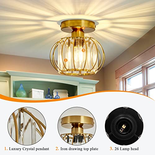 Crystal Semi Flush Mount Ceiling Light Fixture E26 Mini Antique Gold Chandelier Small Ceiling Lamp for Entryway Bedroom Bathroom Hallway Closet Foyer