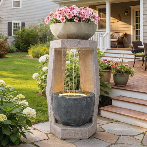 32" Geometric Outdoor Water Fountain with Birdfeeder