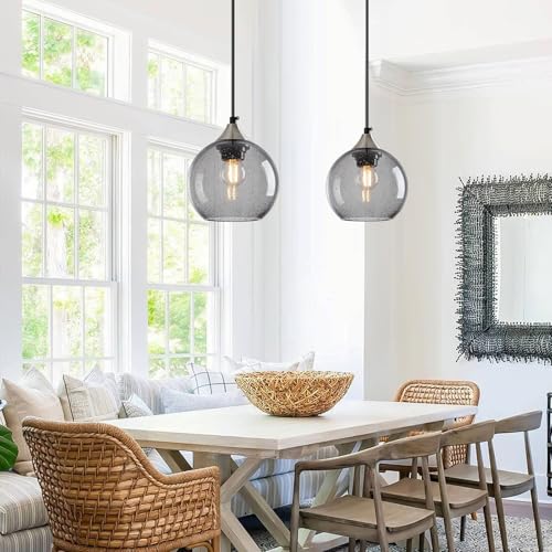 Light Grey Glass Pendant Lights Kitchen Island Globe Pendant Light Fixtures Modern Pendant Lighting for Bedroom Living Dining Room Light Fixture (2 Count)
