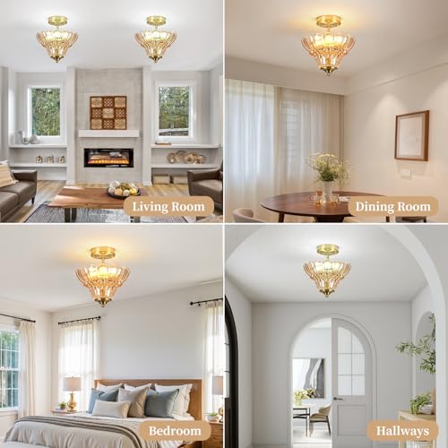 Vintage Gold Semi Flush Mount Light with Floral Amber Shade (Gold and Amber)