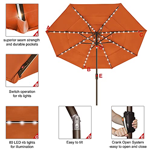 USA 10-Year-Non-Fading 9ft 3-Tier Market Patio Umbrella, Commercial Table Umbrella with 80 Solar LED Lights, Crank Open, Windproof & UPF 50+ UV Protection for Garden, Deck, Pool, Backyard, Rust