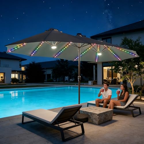 15 ft Large Patio Umbrella with Color Changing Lights
