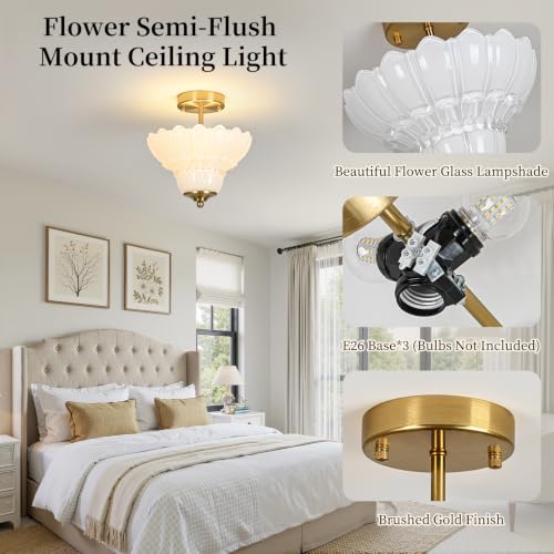 Vintage Gold Semi Flush Mount Light with Floral White Shade (Gold and White)